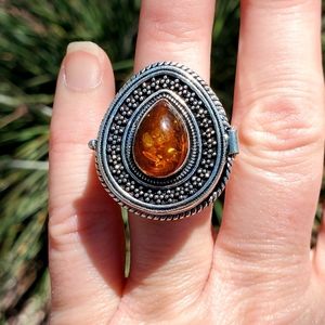 New Huge Amber 925 Silver Poison Ring.